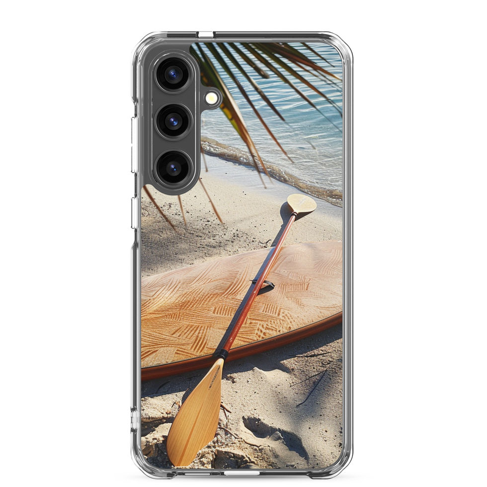 Driftwood Escape Clear case for Samsung showing sunlit beach with a paddle near the water