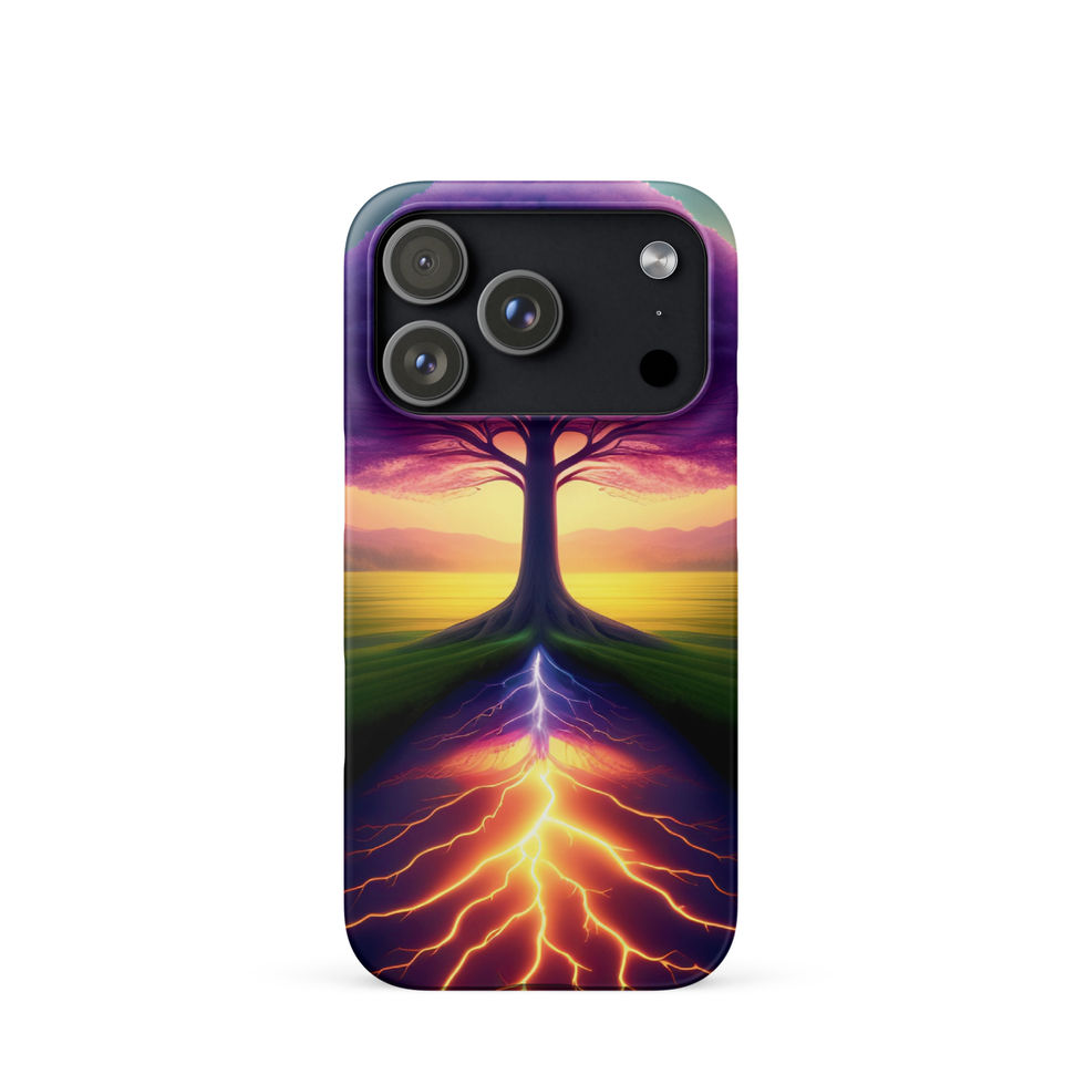 Ethereal Roots snap case for iPhone showing branching orange lines near the case base.