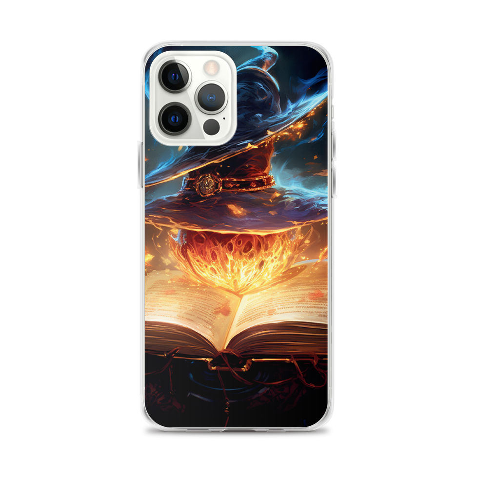 Arcane Ember clear iPhone case: blue and amber light swirling over the cover; rear artwork.