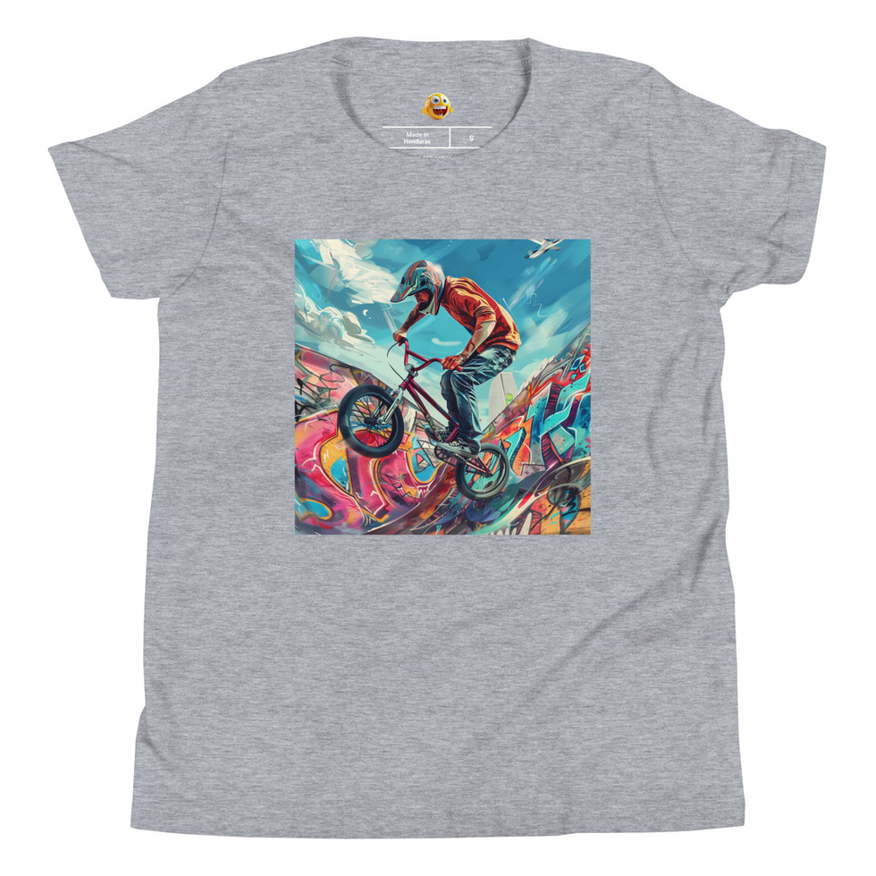 Graffiti Rampage: athletic heather grey youth short-sleeve T-shirt with a red-shirted BMX rider on bright graffiti