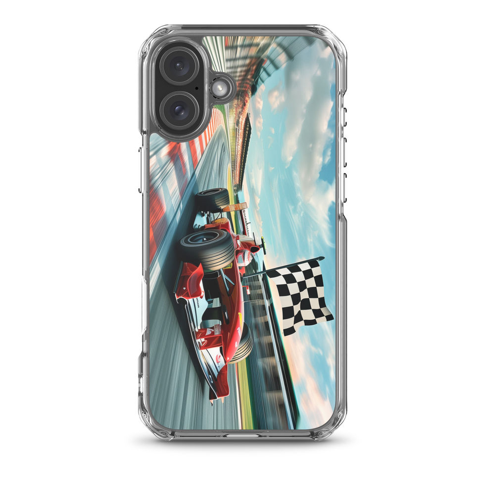 Champion's Glory Clear case for iPhone 16 Plus, red race car and chequered flag, phone and case on white