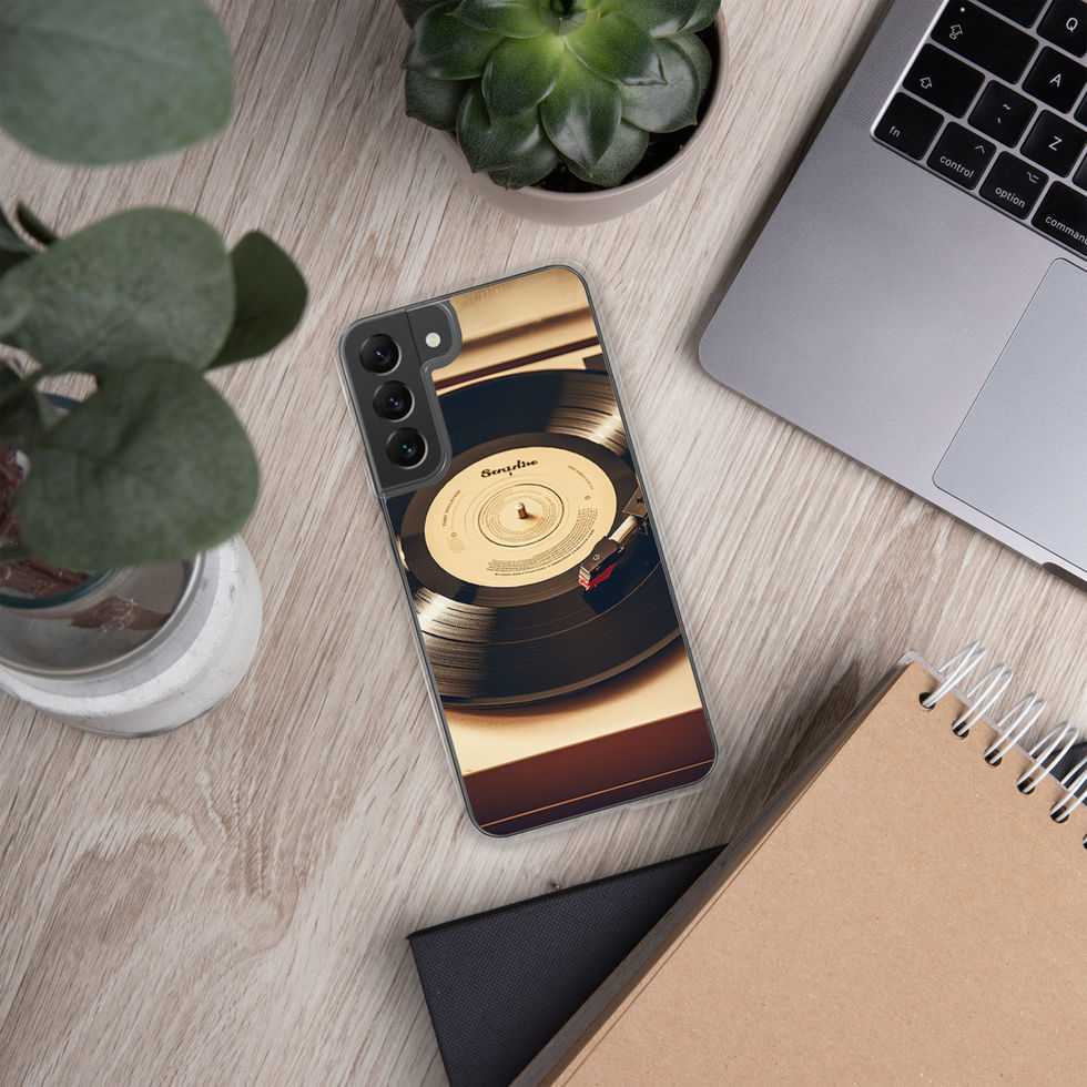 Golden Grooves clear Samsung phone case minimal white-surface photo with headphones, image 19.