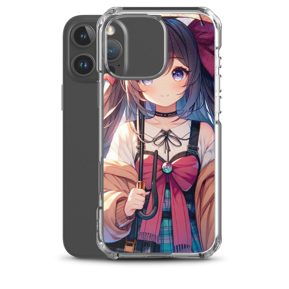 Rainy Day Elegance clear iPhone case beside its phone, rear portrait in warm cream and muted pink tones.