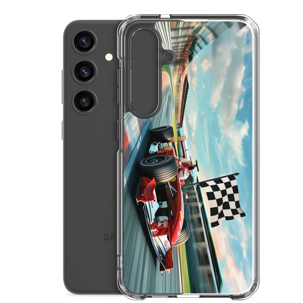 Champion's Glory Clear case for Galaxy S24 Plus, red race car and chequered flag, phone and case on white