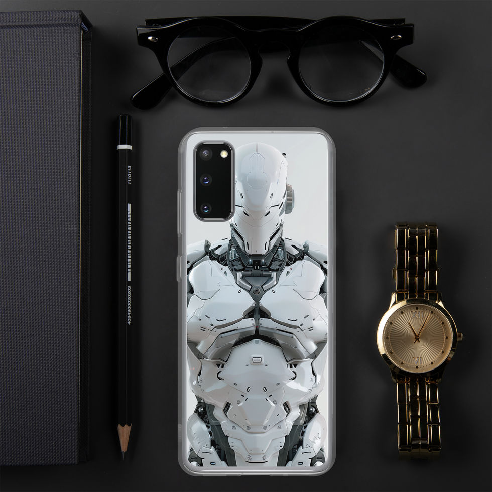 Aegis Prime clear Samsung case – front product view displaying the futuristic AI guardian design