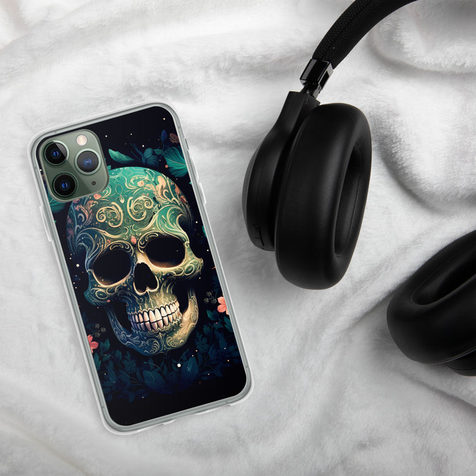 Emerald Requiem clear iPhone case showing swirling teal patterns above the skull eyes