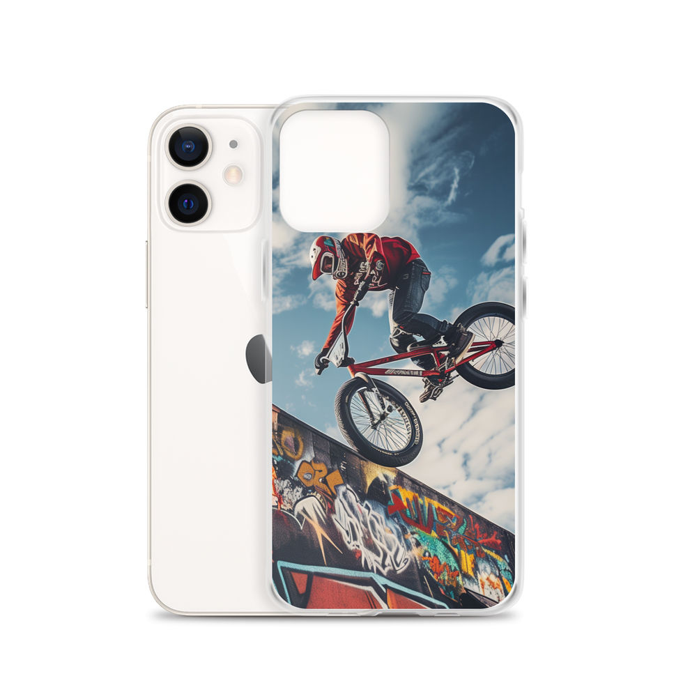 Graffiti Air Clear case for iPhone 12, BMX rider above graffiti ramp, rear view on white