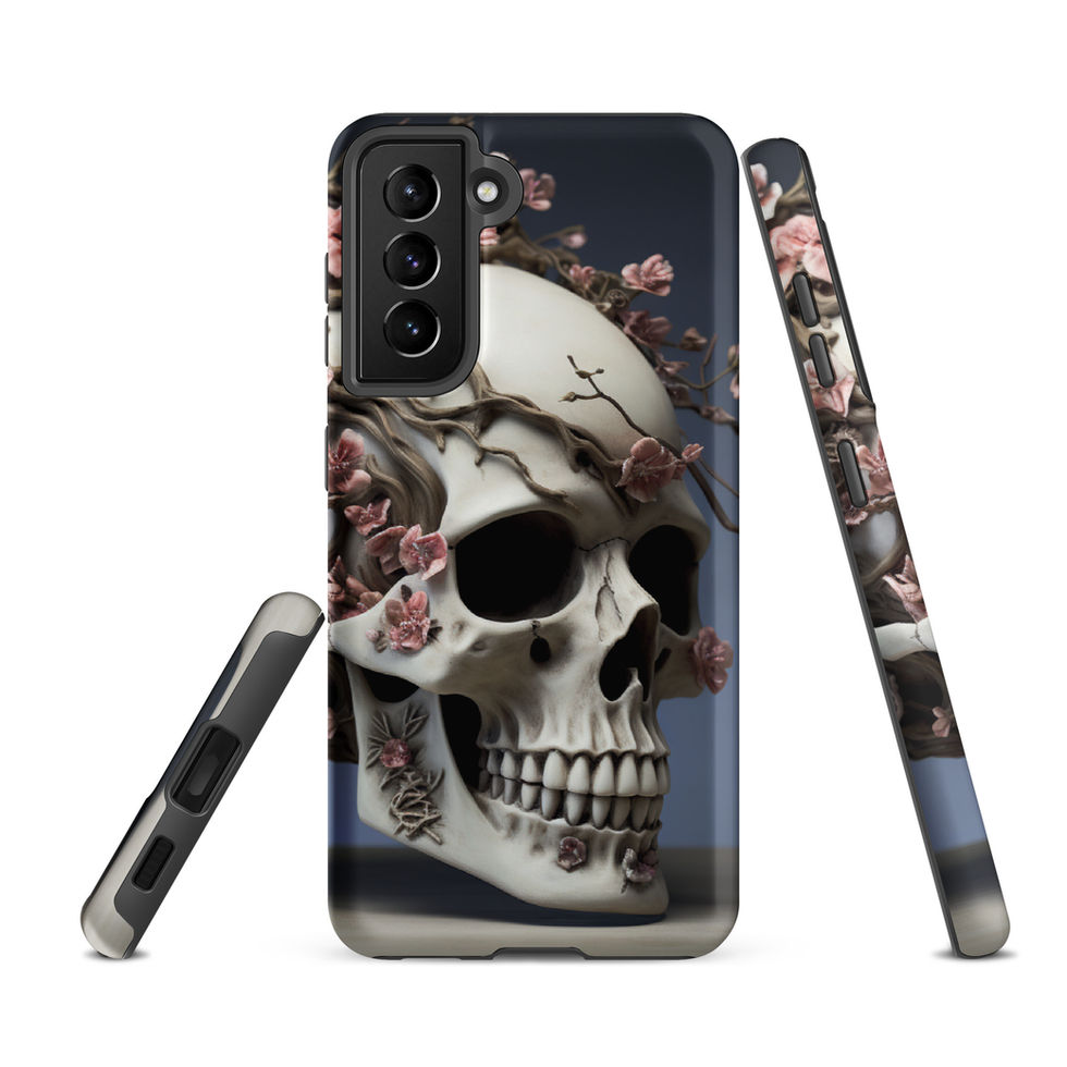 Ethereal Bloom protective case for a Samsung phone against charcoal with soft rose-coloured blossoms