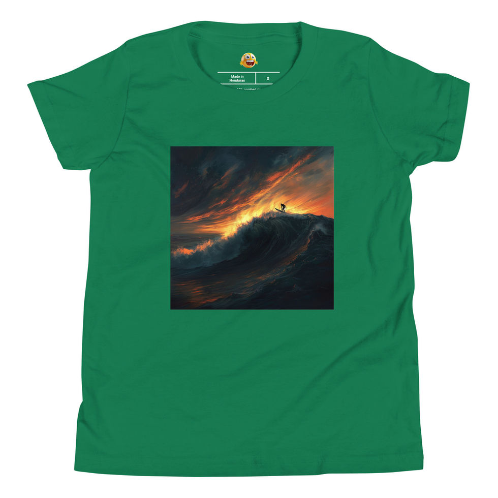 Inferno Wave: kelly green youth short-sleeve T-shirt with ocean wave beneath fiery orange sunset
