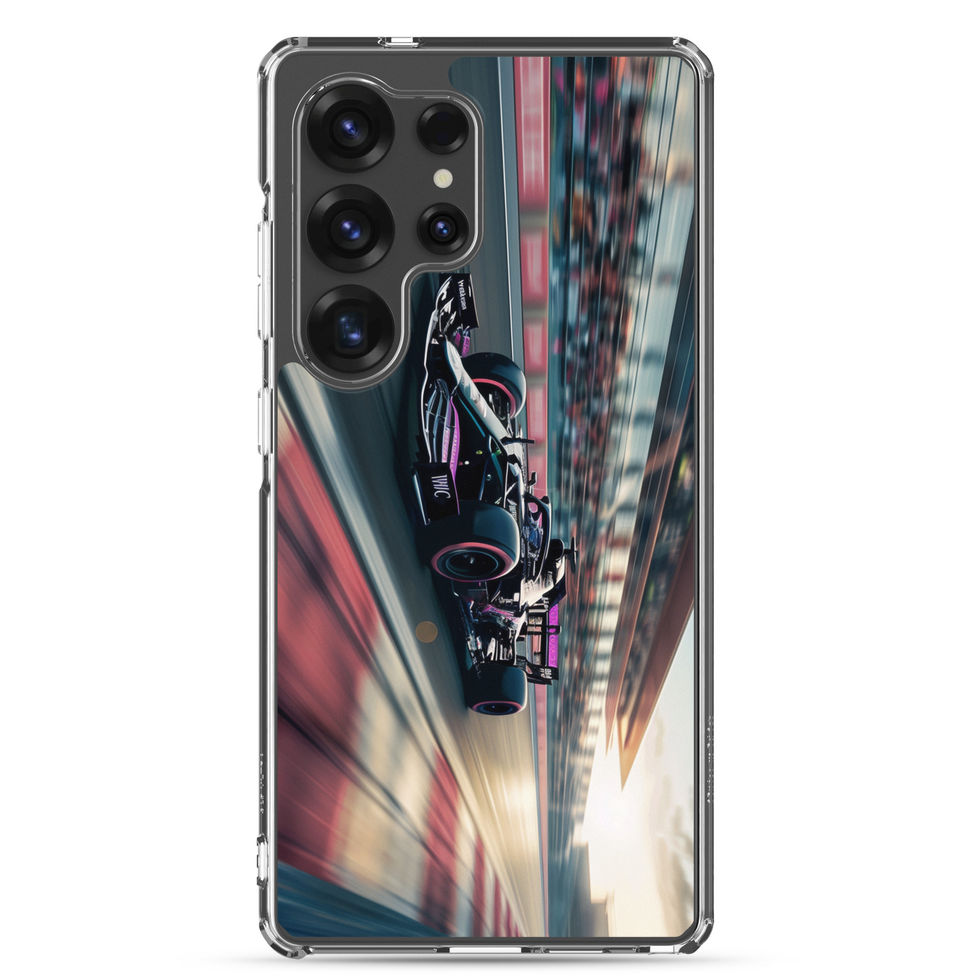 Black n Purple Power Clear case for Galaxy S25 Ultra, black and purple race car artwork, rear view on white