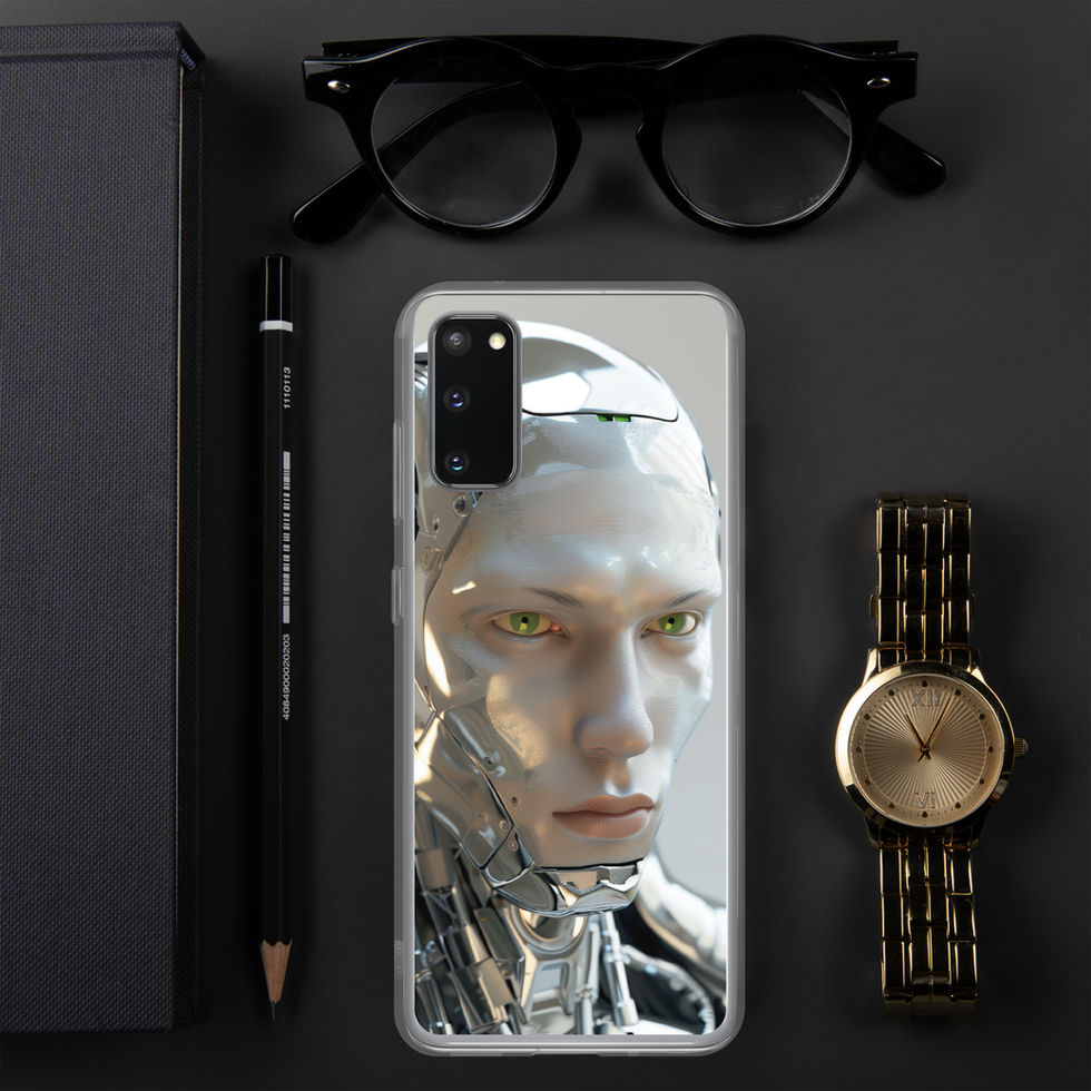 Neural Titan clear Samsung case with pale green artificial intelligence eyes with transparent edges visible