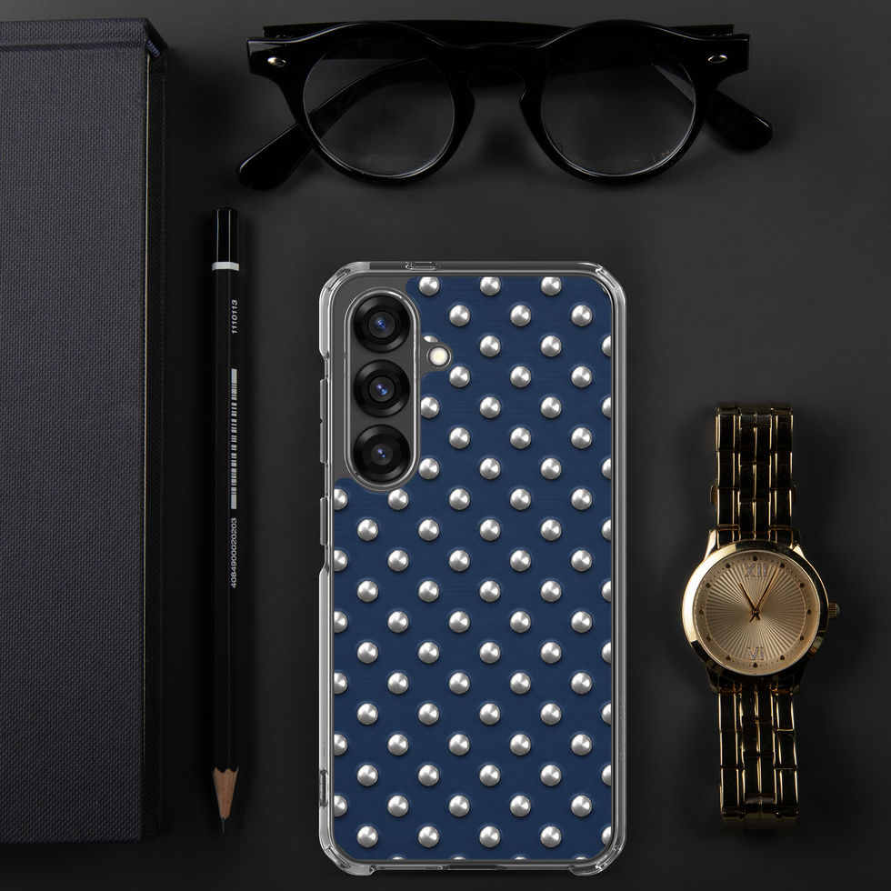 Midnight Silver Dots clear case for Samsung Galaxy S25, silver-look dots on navy blue, alternate view 3