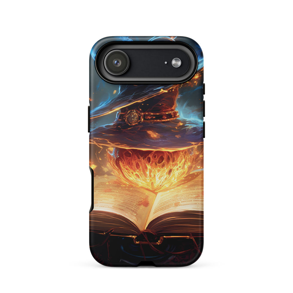Arcane Ember iPhone tough case with blue smoke and warm light across the case, shown from the rear on white.