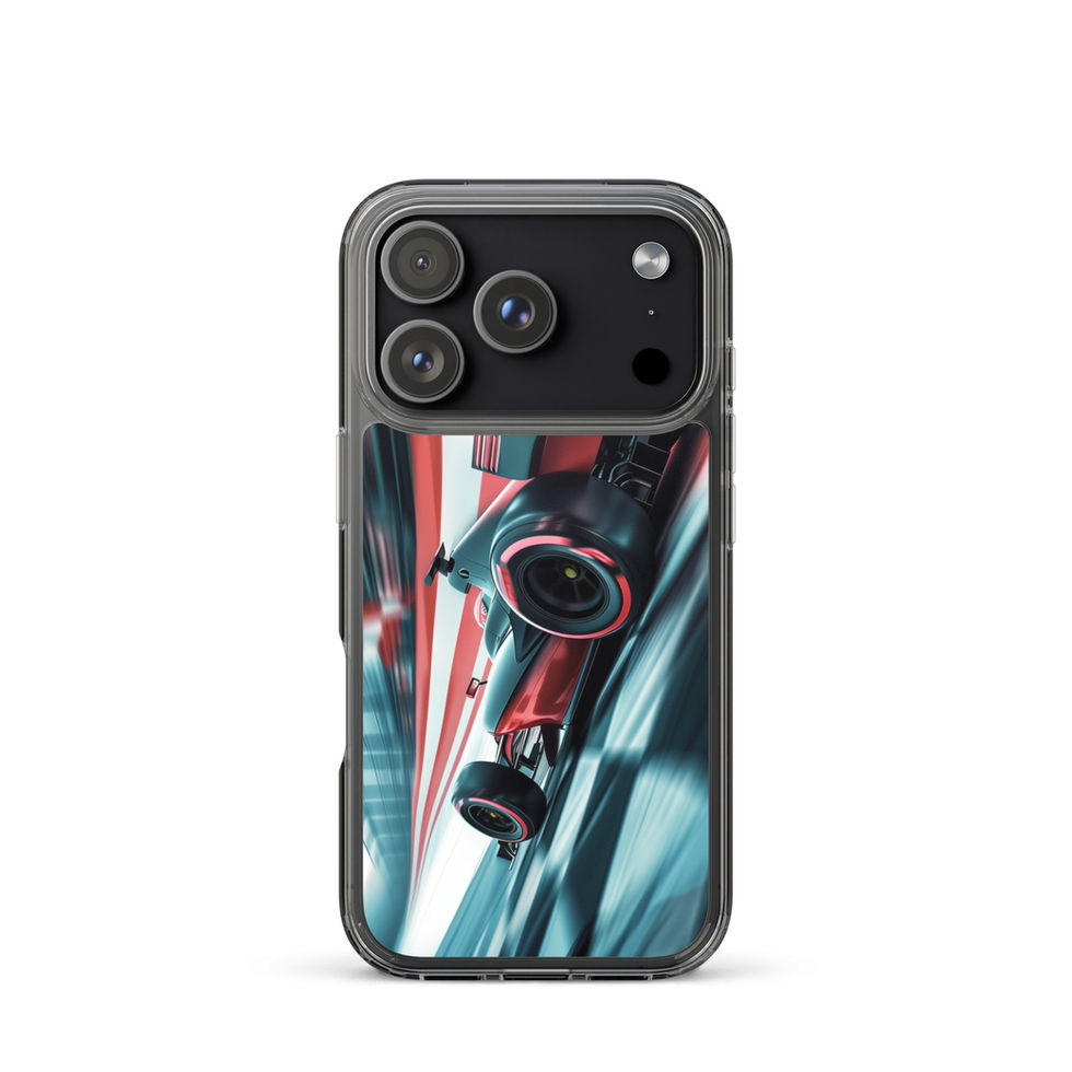 Podium Pursuit Clear case for iPhone 17 Pro, red race car and track streaks, rear view on white