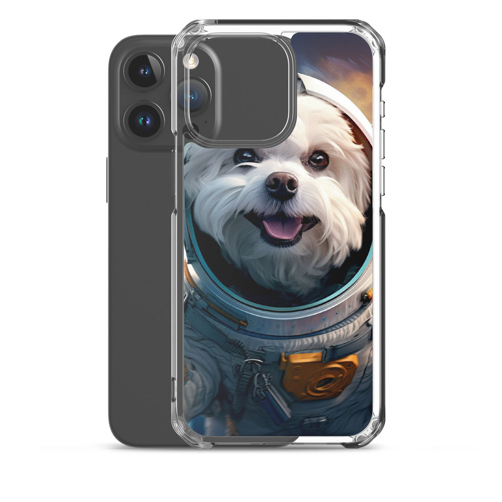 Cosmo Pup cosmic dog clear iPhone case โ top-edge detail in handheld preview