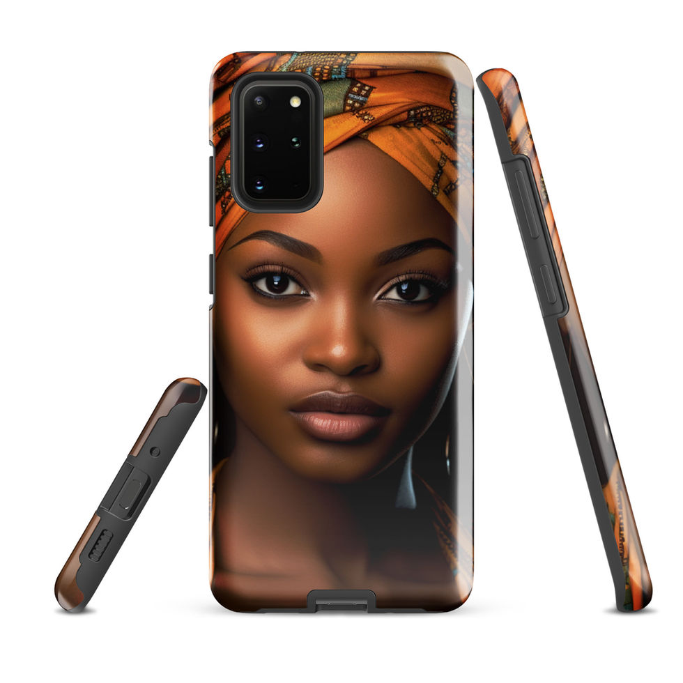 Ultra Galaxy S20 Ultra tough shell showcasing a majestic gold scarf and calm gaze