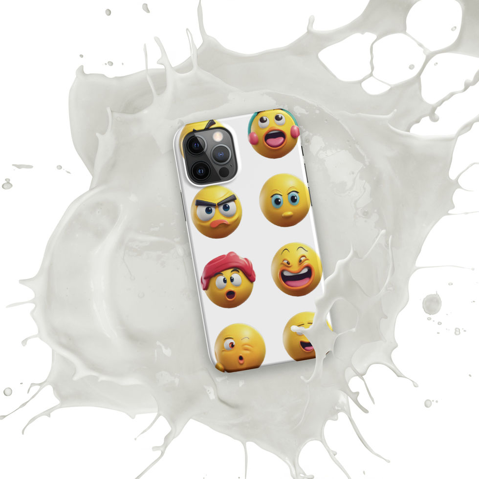 Emoji Frenzy snap iPhone case showing mixed laughing faces across its phone back, over a white paint splash.