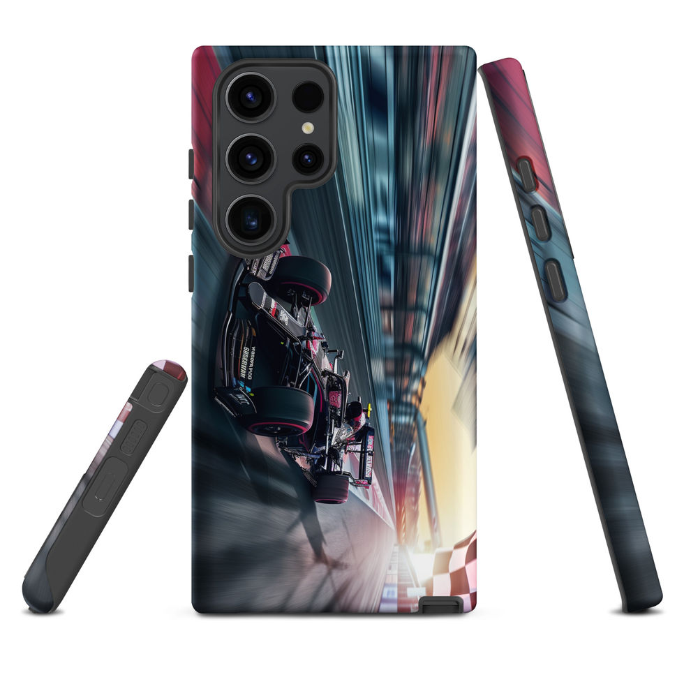 Final Lap Tough case for Galaxy S23 Ultra, dark race car and blurred track artwork, rear and side views on white