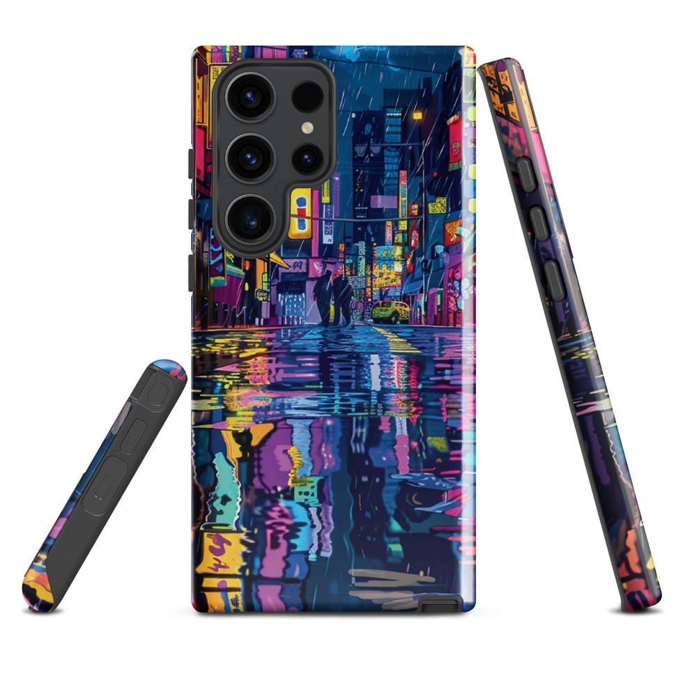 Neon Rain Samsung tough case: layered neon buildings and colourful reflections in the roadway.