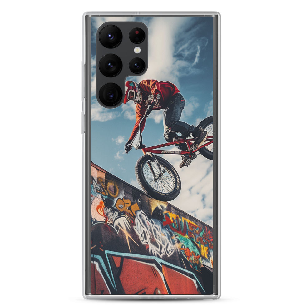 Graffiti Air Clear case for Galaxy S22 Ultra, BMX rider above graffiti ramp, rear view on white