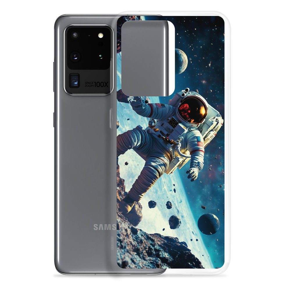 Asteroid Drift clear case on Samsung Galaxy S20, astronaut and blue space artwork over a light phone finish