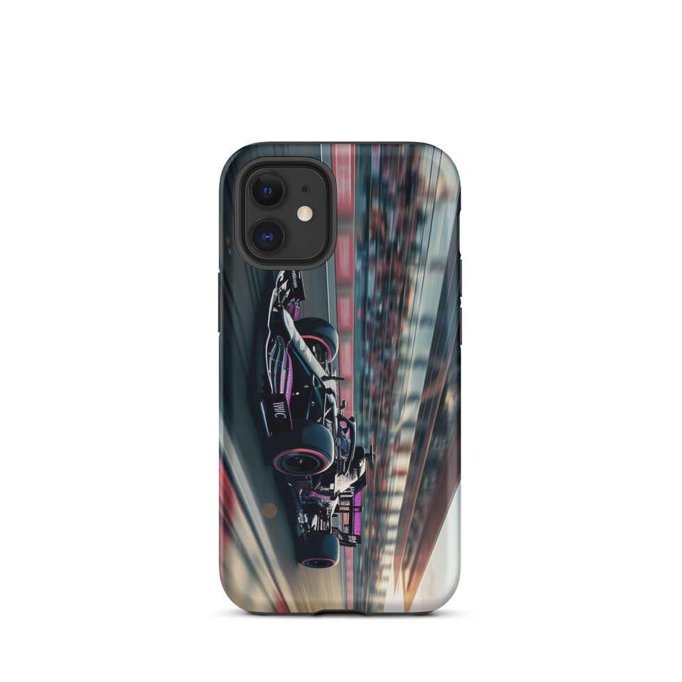 Black n Purple Power Tough case for iPhone 12 mini, black and purple race car artwork, rear view on white
