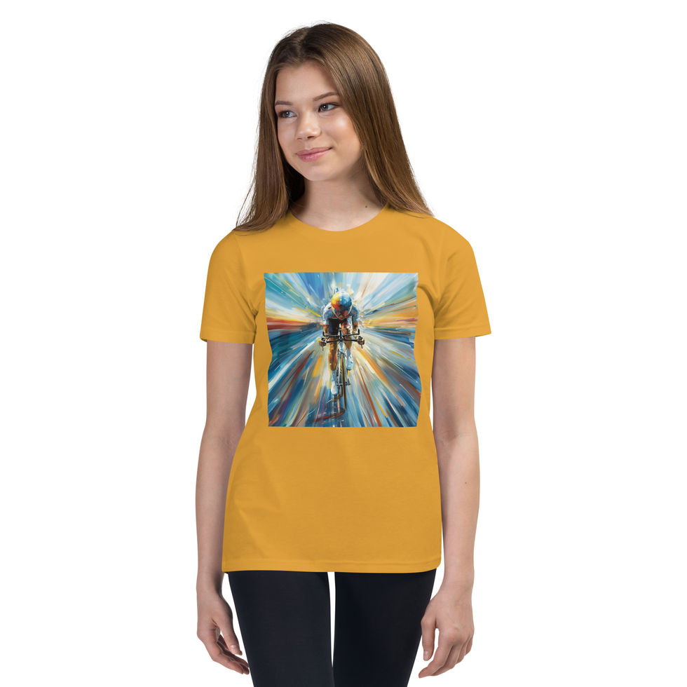 Momentum Rush: gold youth short-sleeve T-shirt with cyclist and blue-gold speed streaks, worn by model