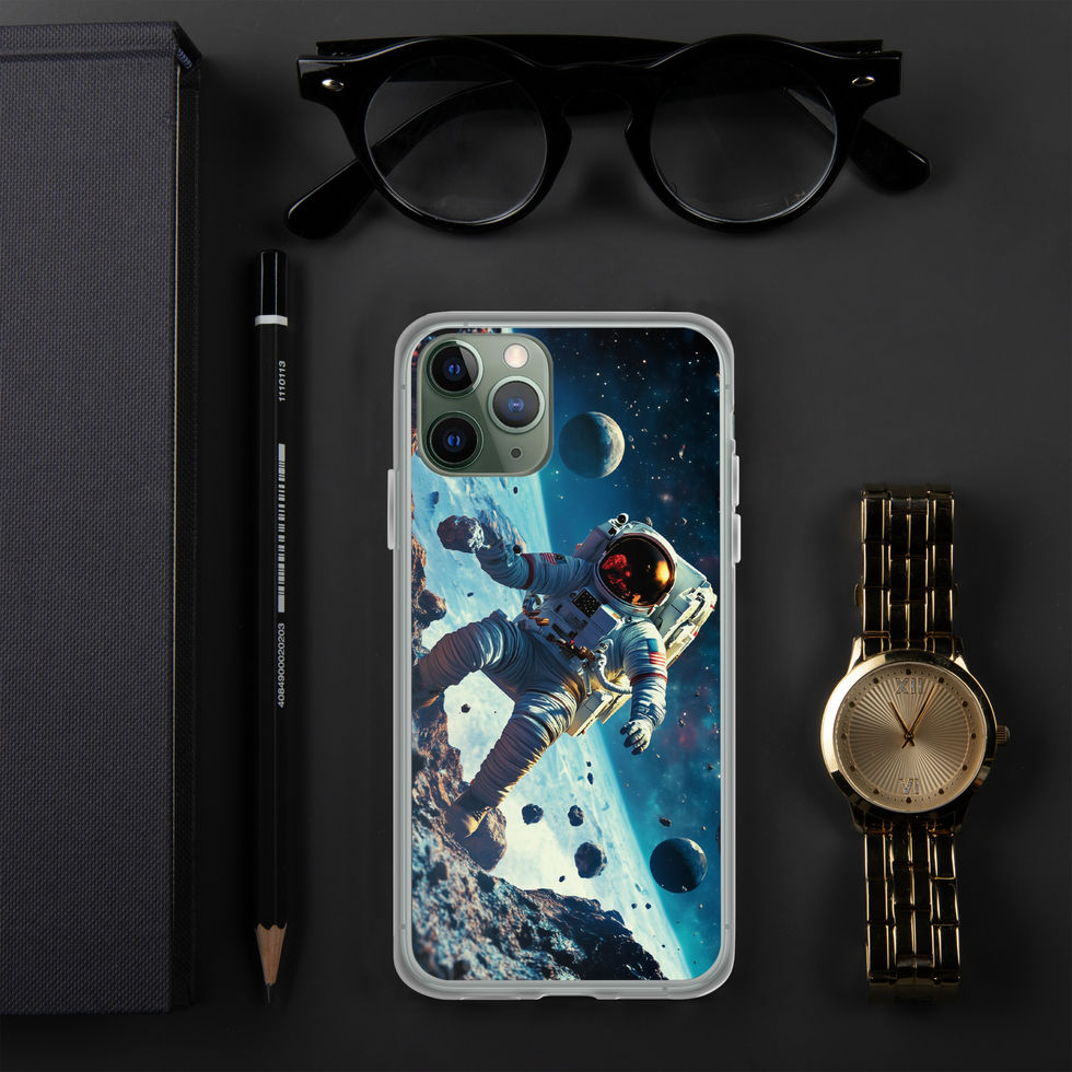 Asteroid Drift clear iPhone case on a black desk beside glasses and a watch, showing floating rocks beneath a dark sky