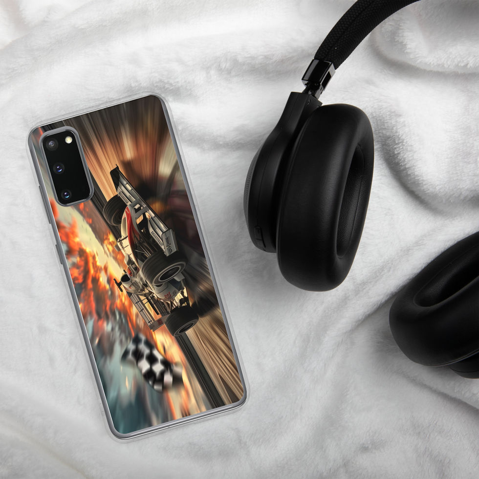 Final Lap Fury Clear case for Galaxy S20, black race car and fiery flag, headphones on pale fabric