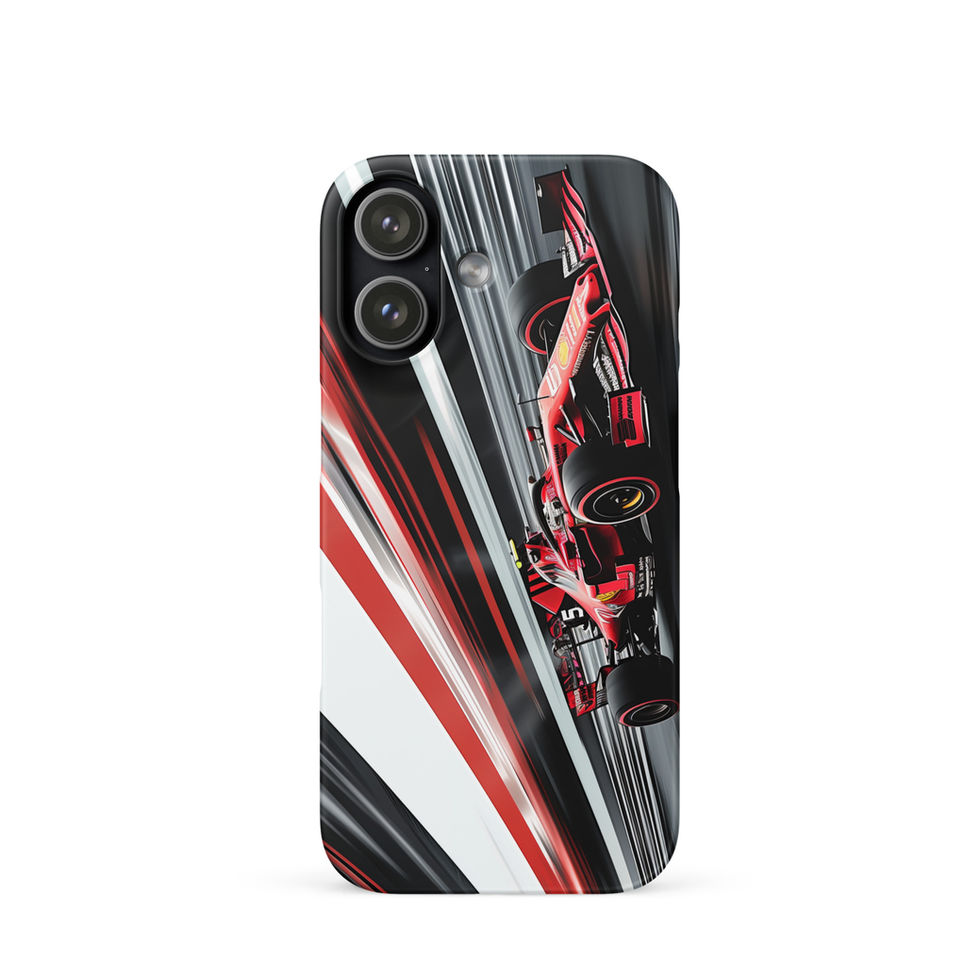 Velocity Strike Snap case for iPhone 17, red race car and diagonal track lines, rear view on white background