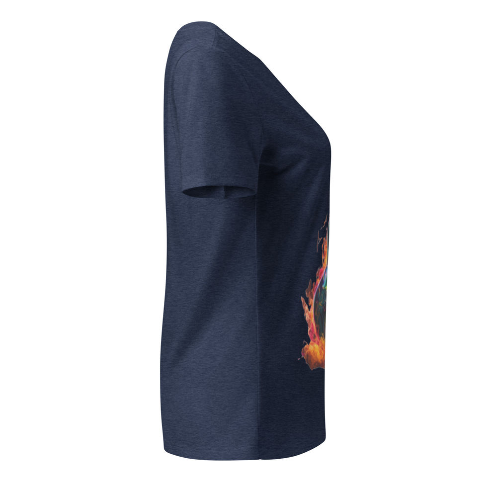 Inferno Strings: navy blue women's relaxed V-neck T-shirt showing right sleeve and side