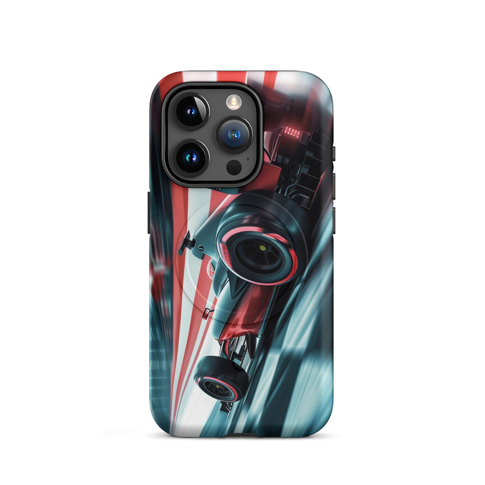 Podium Pursuit MagSafe Tough case for iPhone 15 Pro, red race car and track streaks, rear view on white