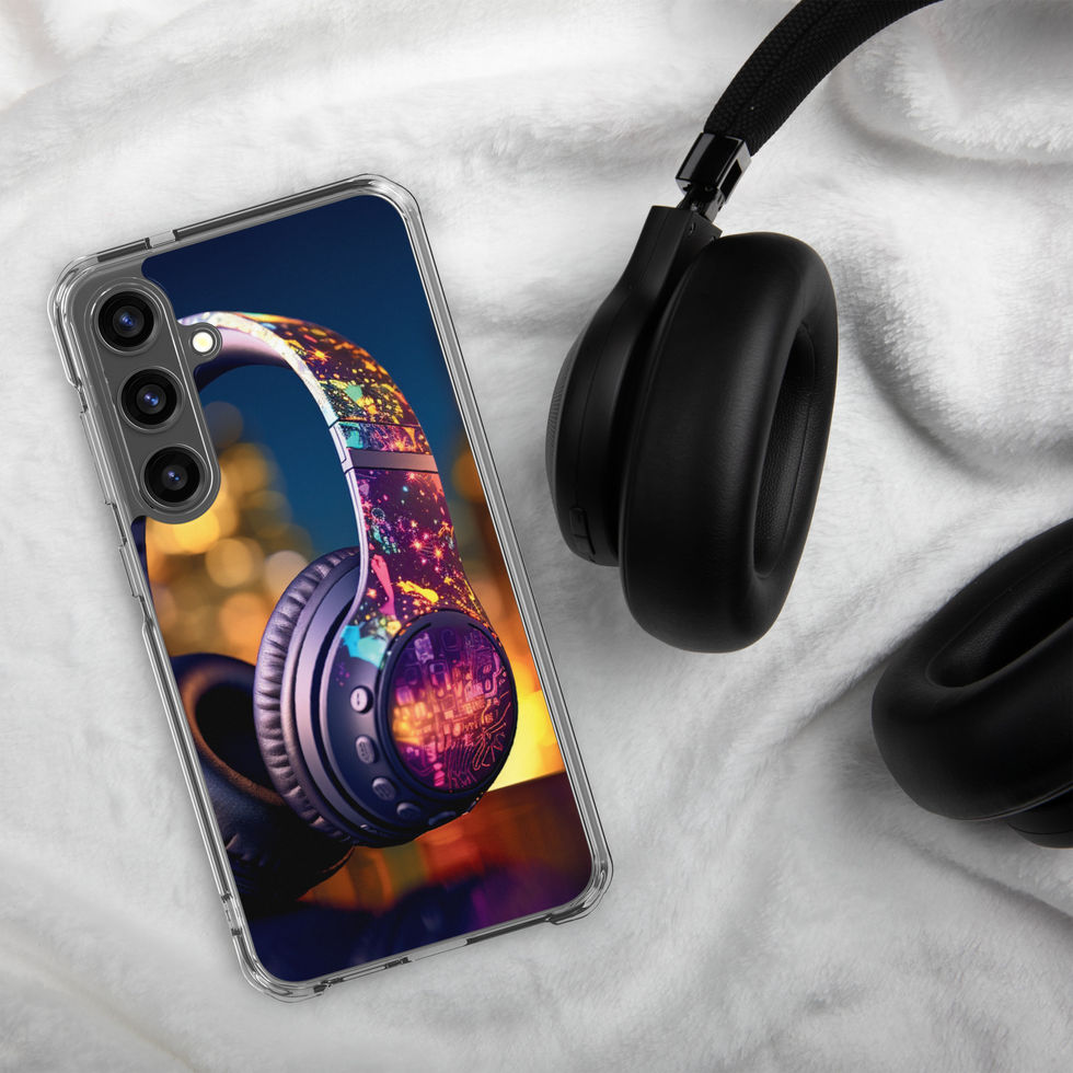 Electric Pulse clear Samsung case showing colourful over-ear headphones on a dark warm-lit scene, gallery image 44 of 50