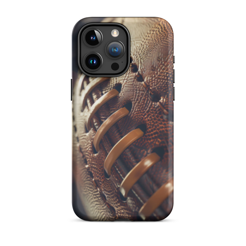 Stadium Lights Tough case for iPhone 15 Pro Max, worn brown football artwork and golden laces, rear view on white