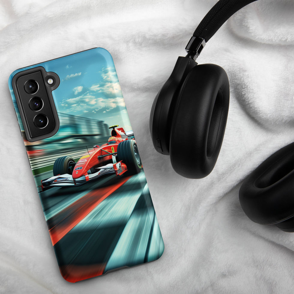 Victory Lap Tough case for Galaxy S21 FE, red race car on teal track, headphones on pale fabric