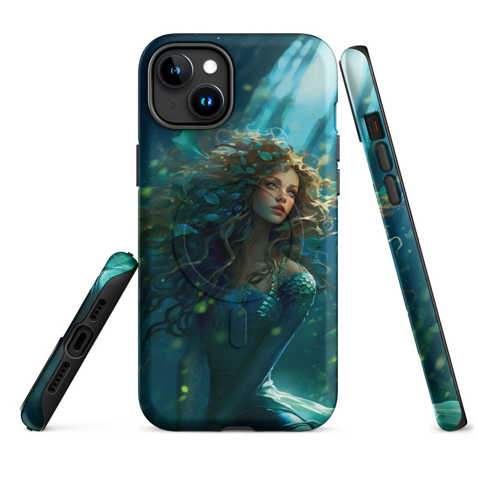 Ocean Enchantress MagSafe iPhone case shown with its side profile, featuring a woman in blue-green water with light above.