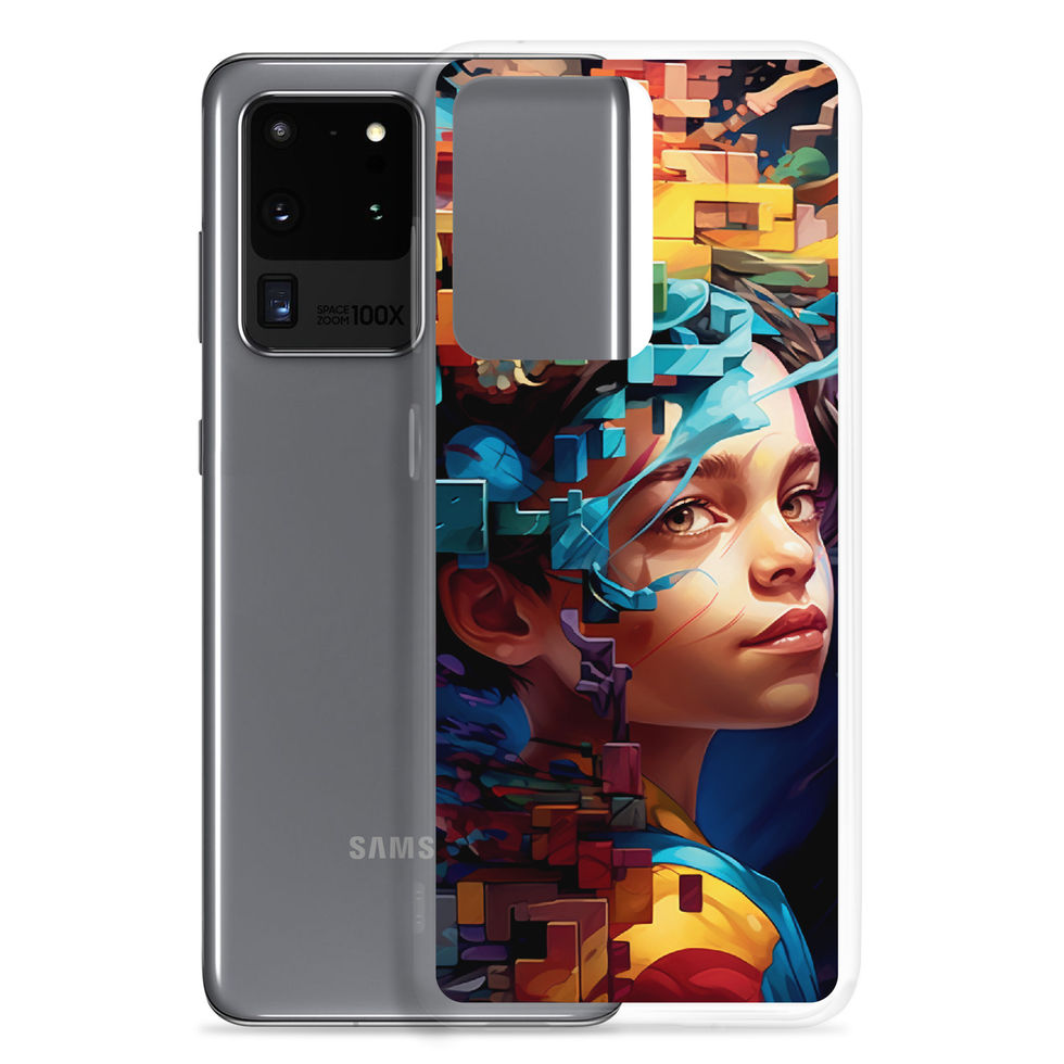 Neon Mindscape clear Samsung phone case with vivid geometric portrait artwork, camera cutout close-up