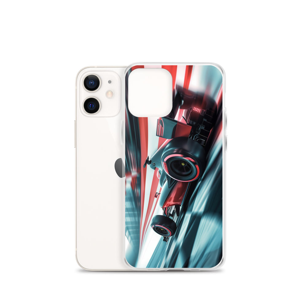 Podium Pursuit Clear case for iPhone 12 mini, red race car and track streaks, rear view on white