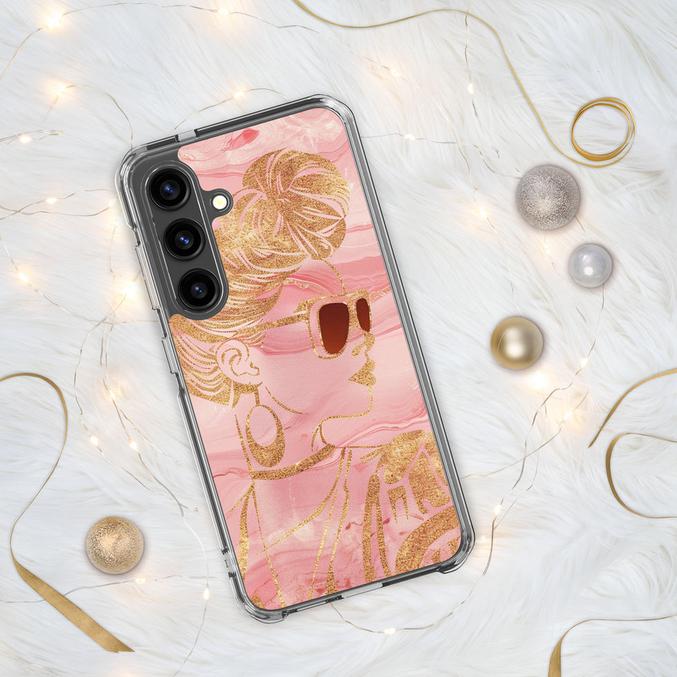 Golden Luxe clear Samsung case with blush-pink floral artwork, gold line details and a small heart motif.