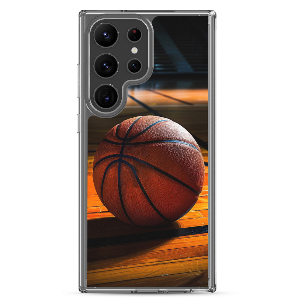 Final Buzzer Clear case for Galaxy S23 Ultra, basketball on warm timber court artwork, rear view on white