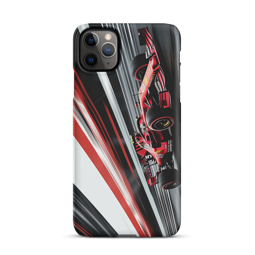 Velocity Strike Snap case for iPhone 11 Pro Max, red race car and diagonal track lines, rear view on white background