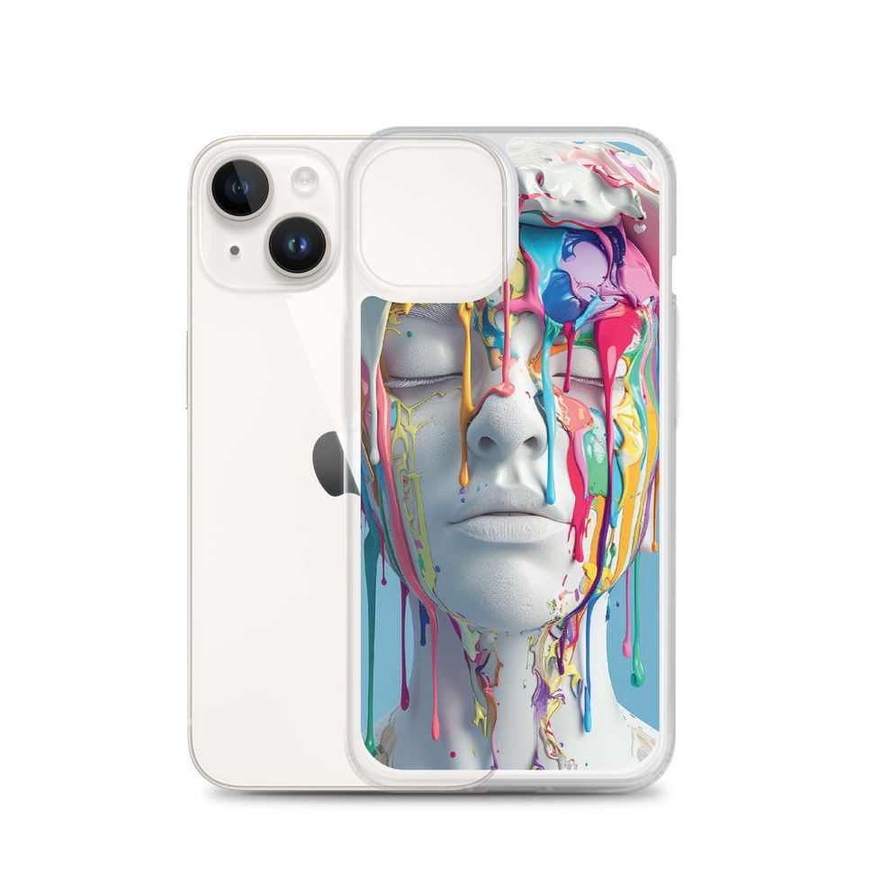 Chromatic Awakening clear iPhone case with vivid expressive portrait artwork, three-quarter angle, image 30