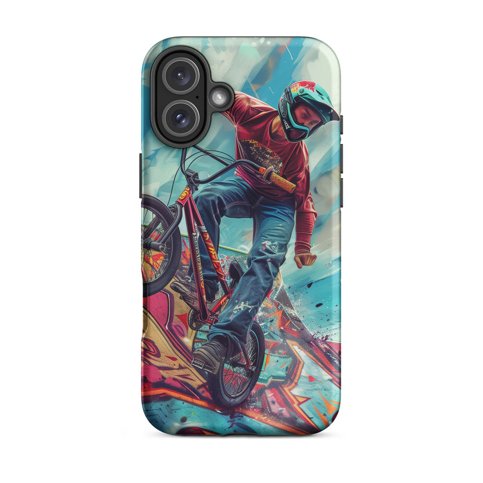 Ramp Rebel Tough case for iPhone 16 Plus, red-jacketed BMX rider and graffiti, rear view on white background