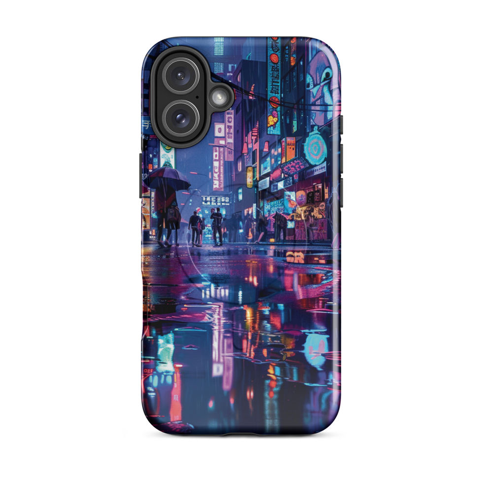 Neon Rainfall MagSafe iPhone tough case with glowing rainy streets — gallery view 11