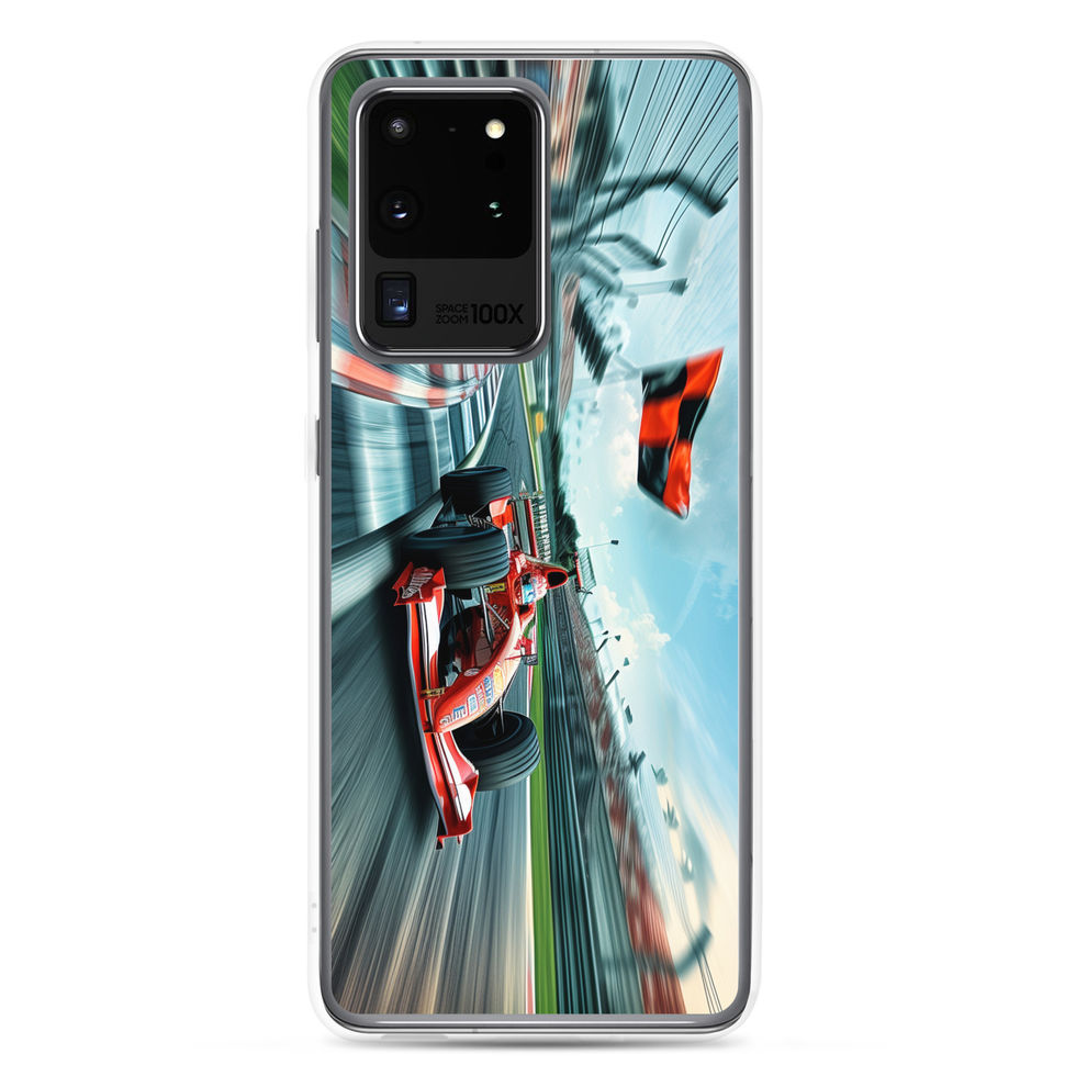 Apex Speed Clear case for Galaxy S20 Ultra, red race car and trackside flags, rear view on white background