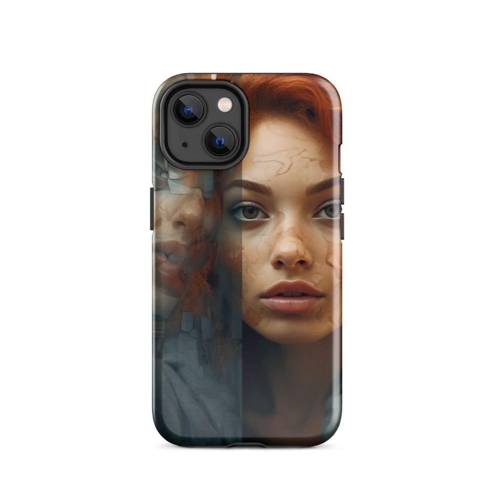 Twisted Reflection dual-layer iPhone tough case with dramatic portrait artwork, three-quarter angle, image 13