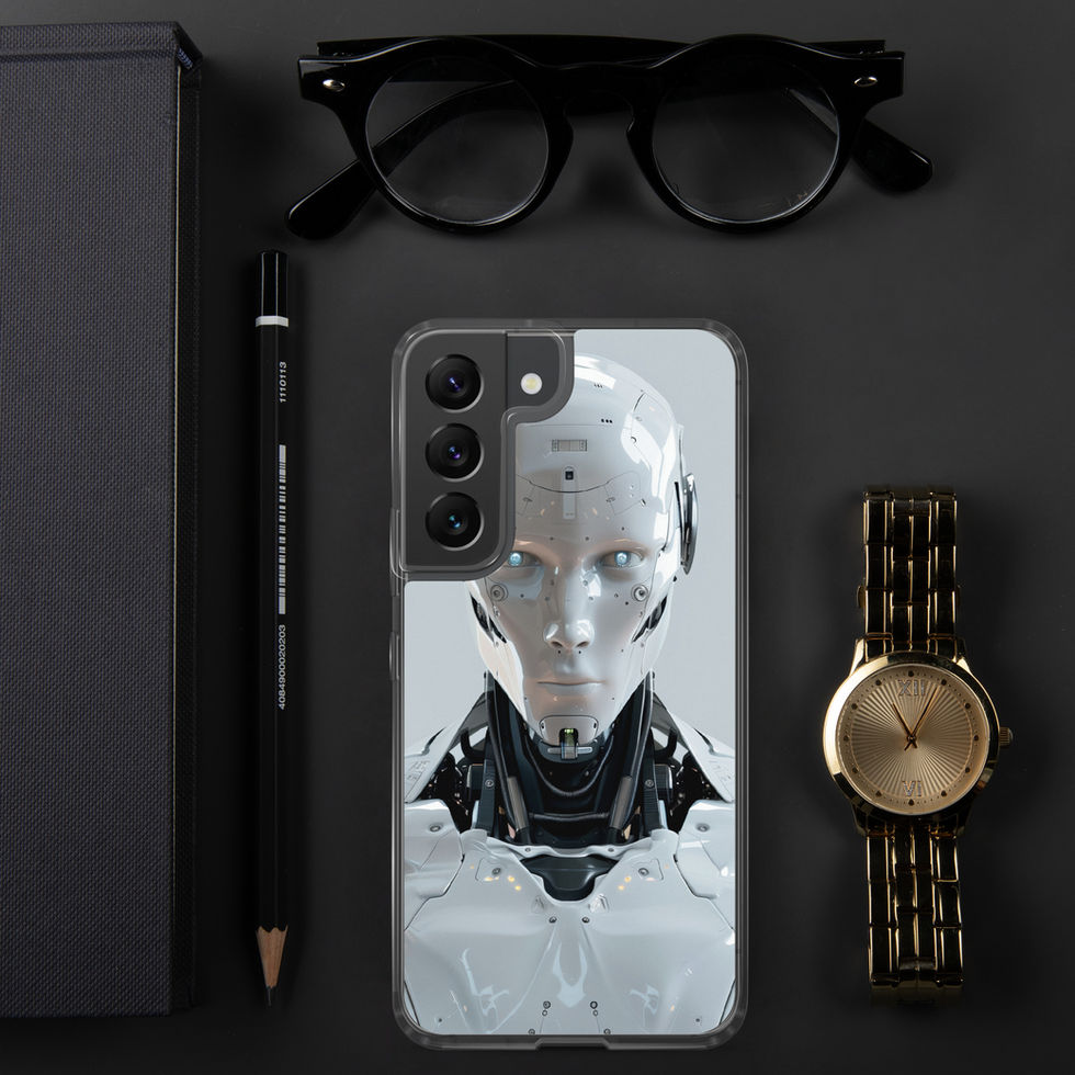polished futuristic robot portrait on Samsung clear protective case, angled phone case presentation
