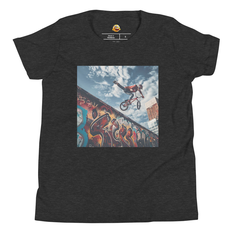 Sky High BMX: dark grey heather youth short-sleeve T-shirt with a BMX rider above a graffiti ramp under clouds