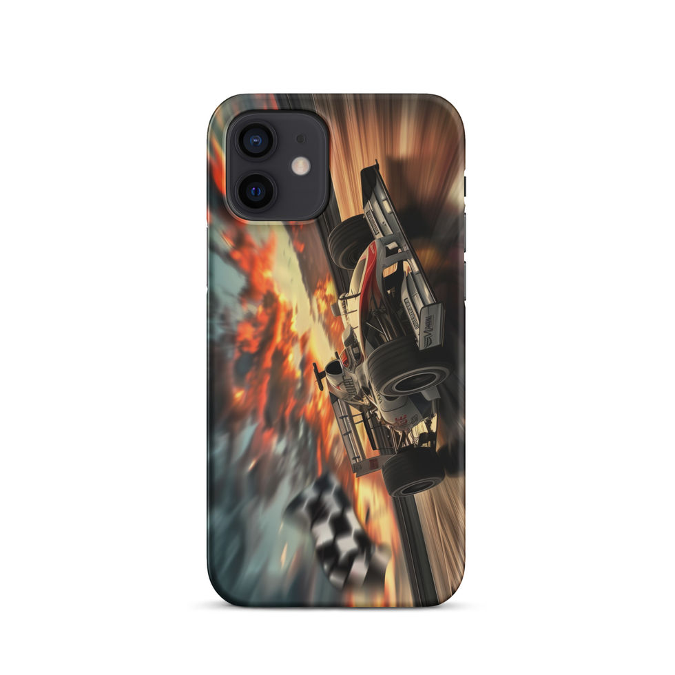 Final Lap Fury Snap case for iPhone 12, black race car and fiery flag, rear view on white