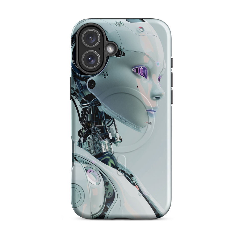 Futuristic robot phone case artwork with violet glow and metallic cybernetic features